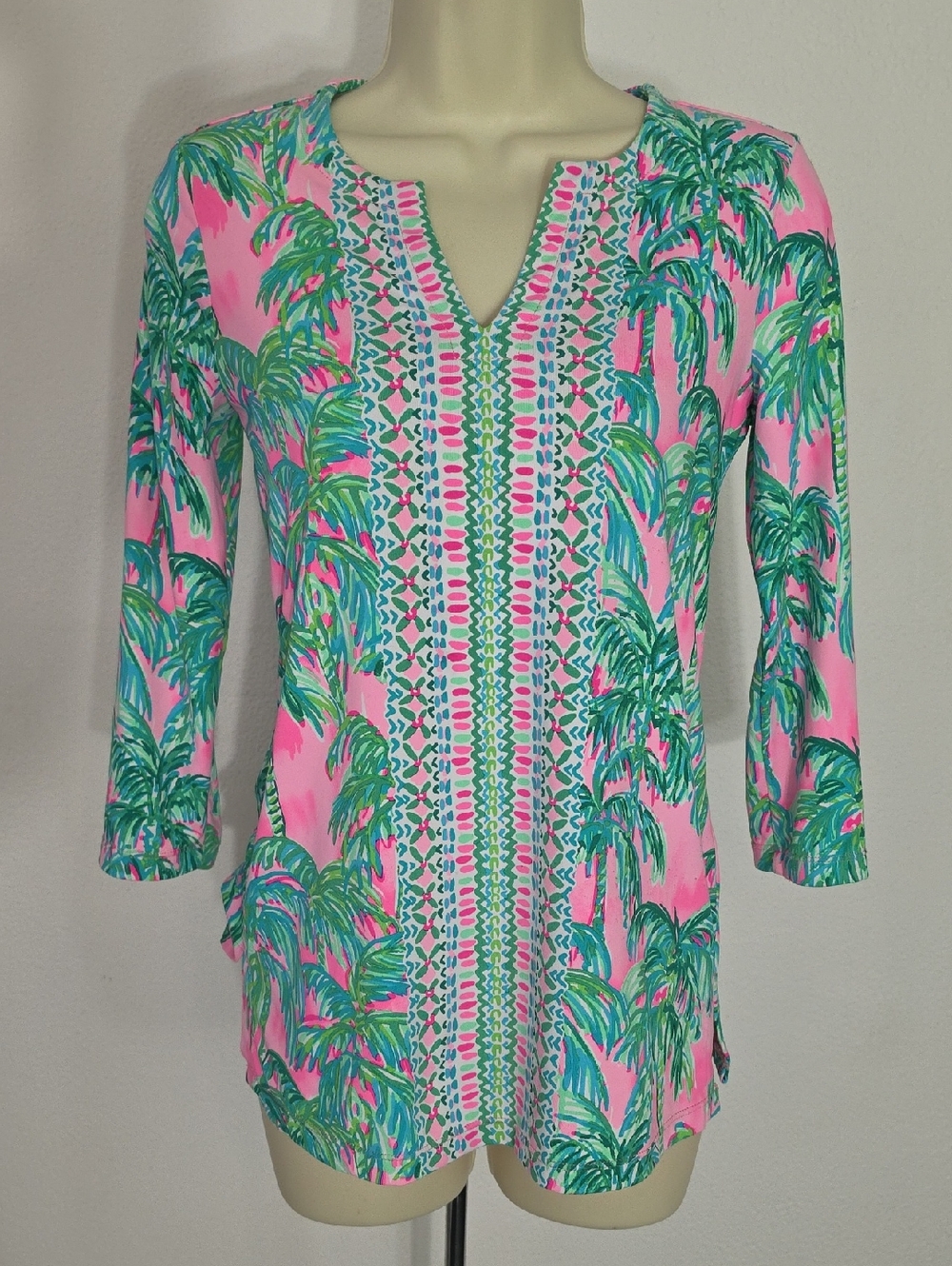 Lilly Pulitzer Top Karina Chilly Palm-Print V-Neck Bracelet Sleeve Green XXS - Picture 12 of 15